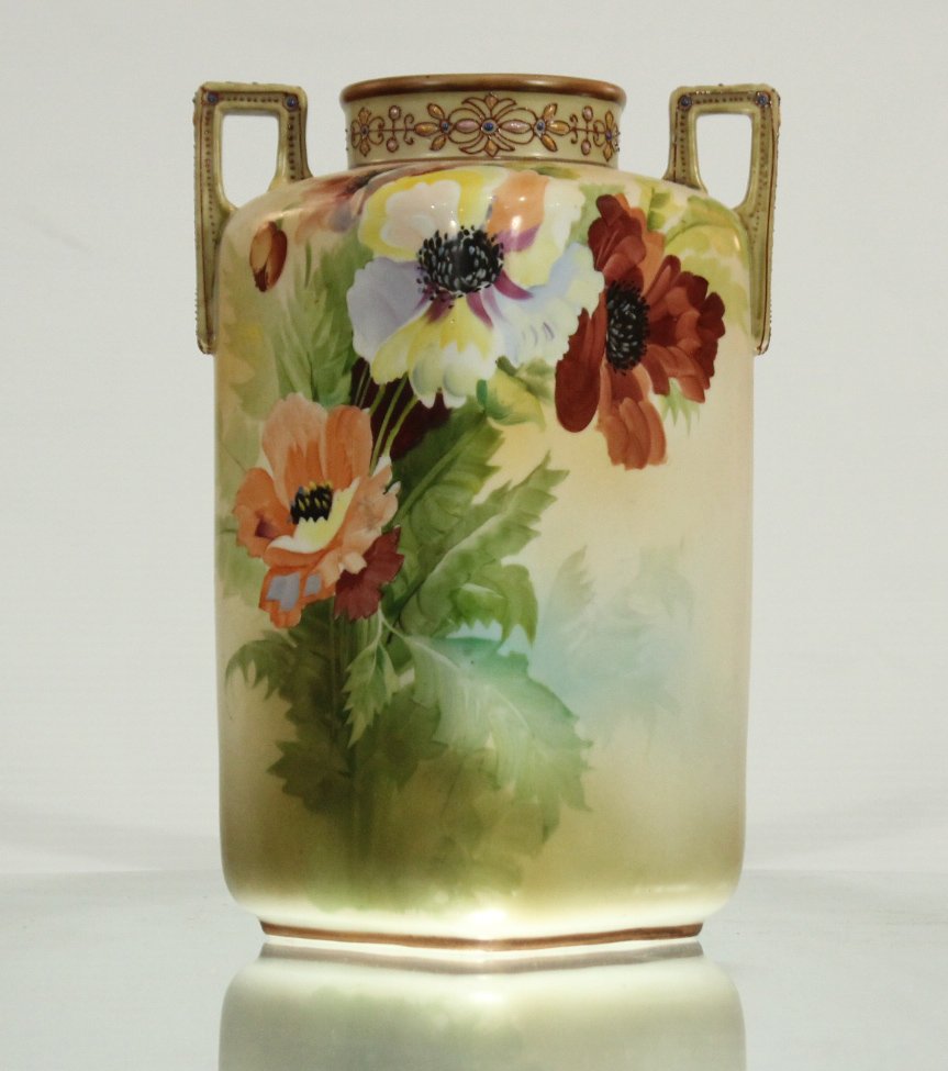 NIPPON - FLORAL HAND PAINTED PORCELAIN HANDLED VASE (1 of 6)