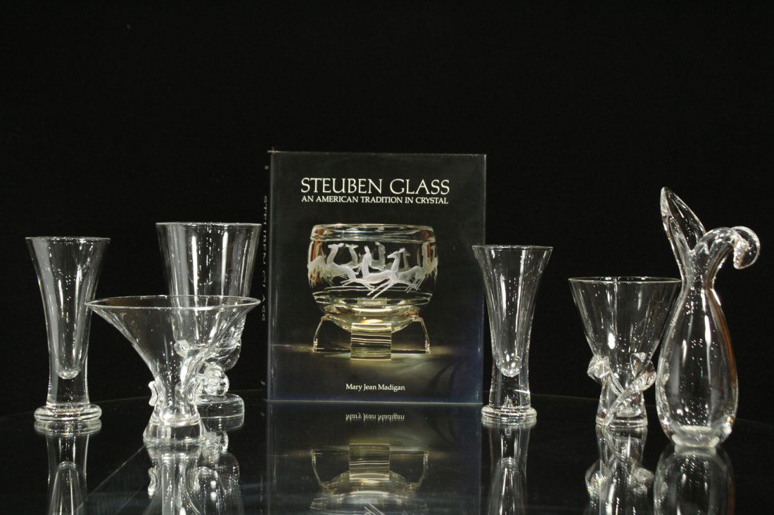 6 ASSORTED PIECES OF STEUBEN GLASS VASES w/ BOOK (1 of 9)
