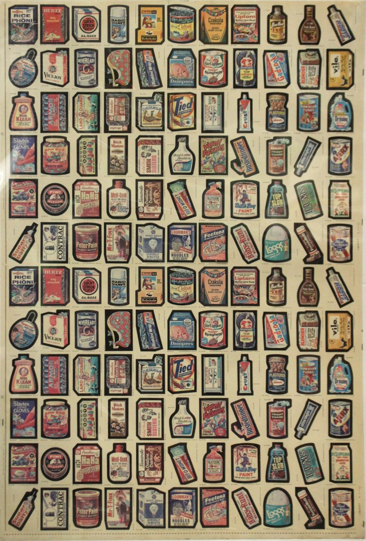 1979 TOPPS CHEWING GUM UN-CUT SHEET GARBAGE PAIL CARDS: 1979 TOPPS CHEWING GUM UN-CUT SHEET GARBAGE PAIL CARDS, ADVERTISING PRODUCTS OF THE TIMES.Size: 48 x 28.5
