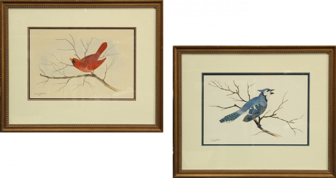 TWO [2] FINE WATERCOLORS CARDINAL BIRD , BLUE JAY (1 of 8)