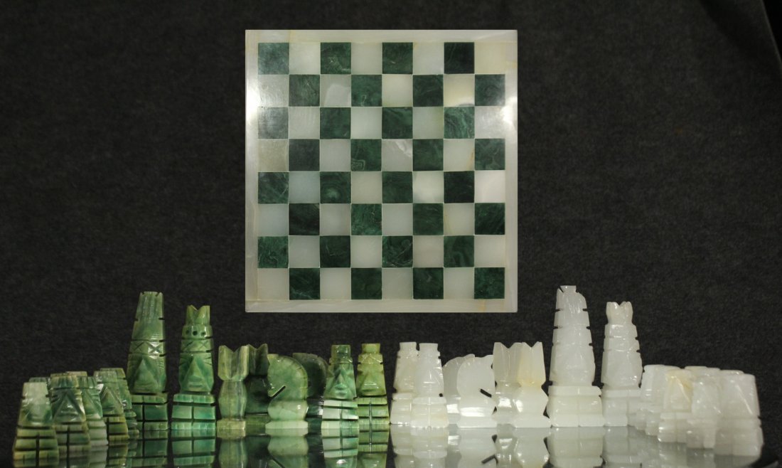 WHITE MARBLE AND GREEN MALACHITE CHEST SET WITH BOARD (1 of 11)