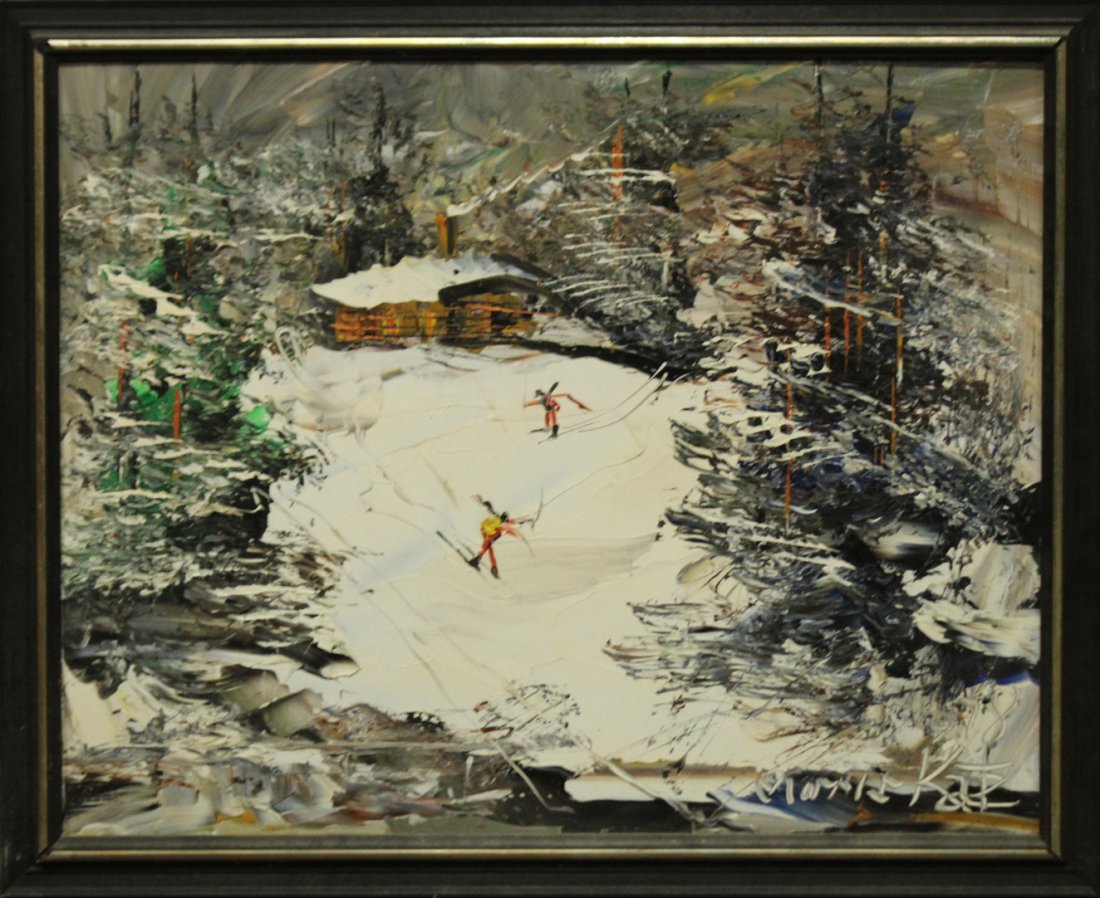 MORRIS KATZ 1978 Listed Jewish Amer SKIING IN CATSKILLS: MORRIS KATZ 1978 Listed Jewish American artist, SKIING IN CATSKILLS, Acrylic on board painting, Signed and dated 1978. Well listed artist.Size: 24 x 30 , outside of frame edge: 28 x 34 ASKart / Wikepe