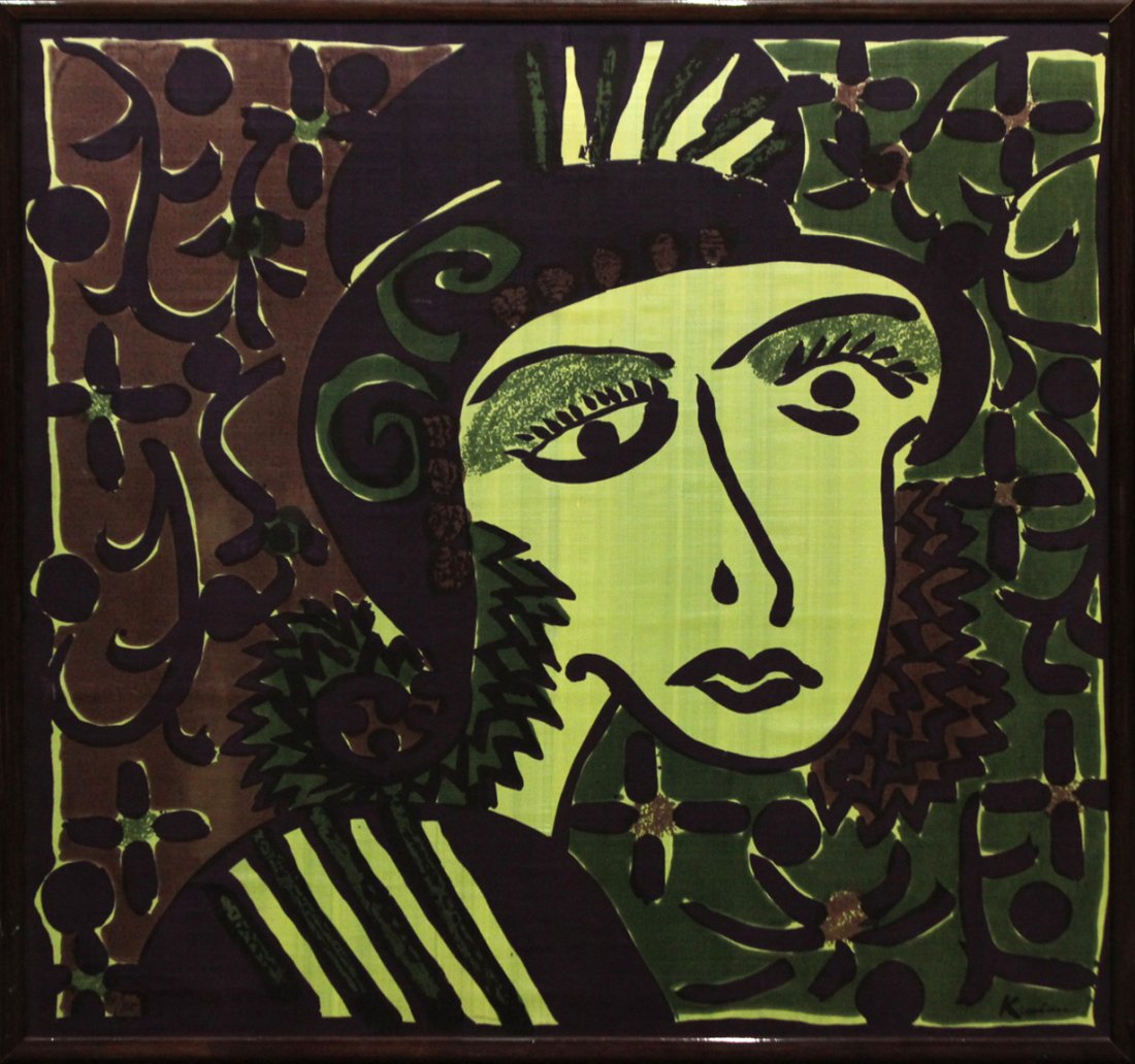 ROBERT KUSHNER, Silkscreen on Frabric HOMAGE A VERA I: Robert Kushner (American, born 1949) green and mauve silkscreen on Indian Silk made exclusively for The Friends of the Philadelphia Museum of Art at The Fabric Workshop. Titled, "Homage a Vera I", 198