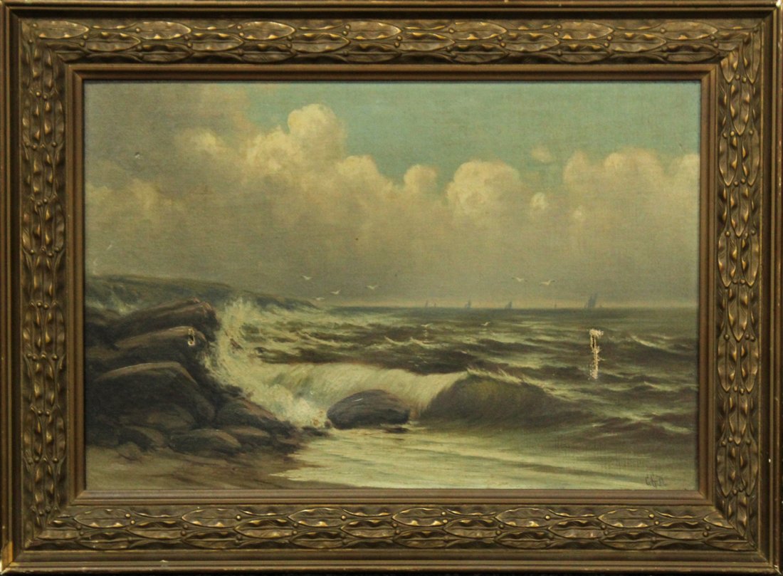 CHARLES GRANT DAVIDSON American CRASHING WAVES, BOATS: CHARLES GRANT DAVIDSON American CRASHING WAVES, BOATS in background.Well Listed Artist. Oil on canvas, original frame. Signed with initials: CGDSize: 11 x 16 , outside of frame 15 x 20. Charles Grant