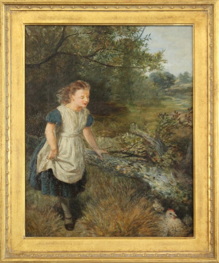 JOSEPH VINCENT GIBSON 19th C. OIL YOUNG GIRL / FOWL: JOSEPH VINCENT GIBSON 19th C. OIL ON CANVAS. YOUNG GIRL CHASING FOWL. Very nice quality oil on canvas painting, Signed lower left: J V GIBSON, quality framing.Size: 15.5 x 12.5 , outside of frame: 19 