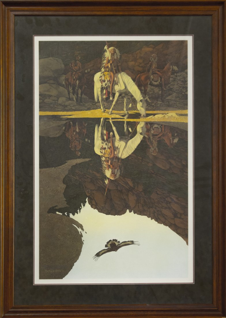BEV DOOLITTLE Framed Print REFLECTION NATIVE ON HORSE: BEV DOOLITTLE Framed Print INDIAN ON HORSEBACK. REFLECTION NATIVE ON HORSE, Edition 679 / 1000 ; Size: 38.5 x 27.5