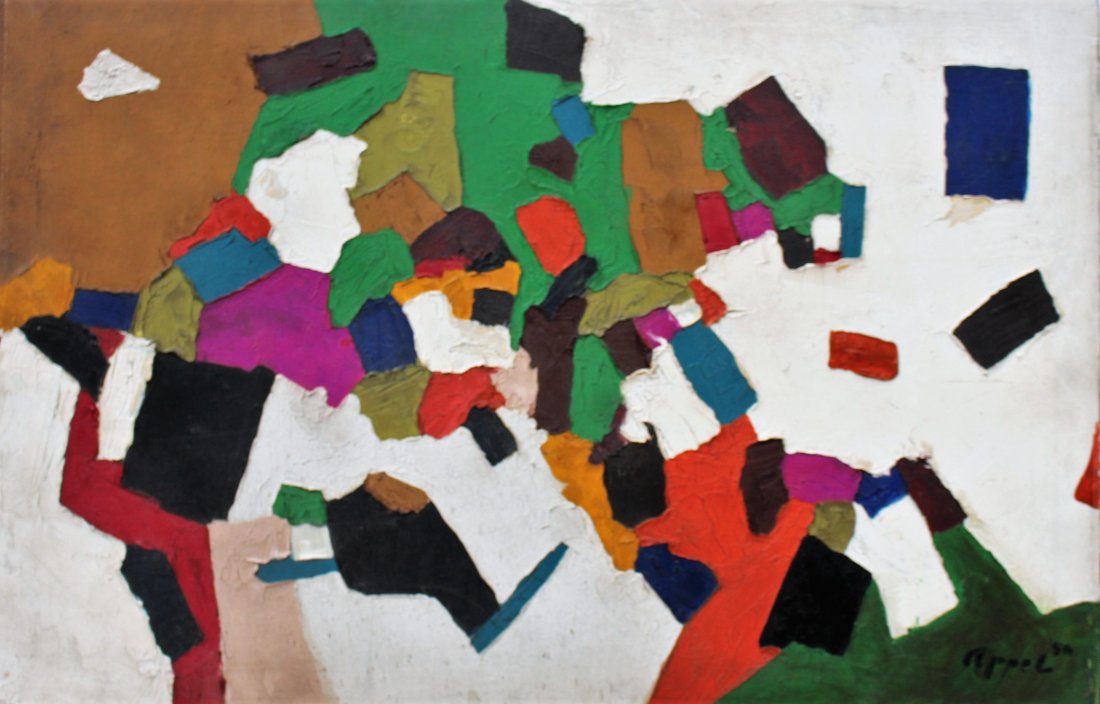 KAREL APPEL 1956; IMPORTANT ABSTRACT OIL ON CANVAS: KAREL APPEL 1956; IMPORTANT ABSTRACT OIL ON CANVAS. Oil on canvas painting, Signed and dated lower right.Important Modernism artist. SIZE: 24 inches x 36 inchesASKart: Karel Christiaan Appel (1921 - 2