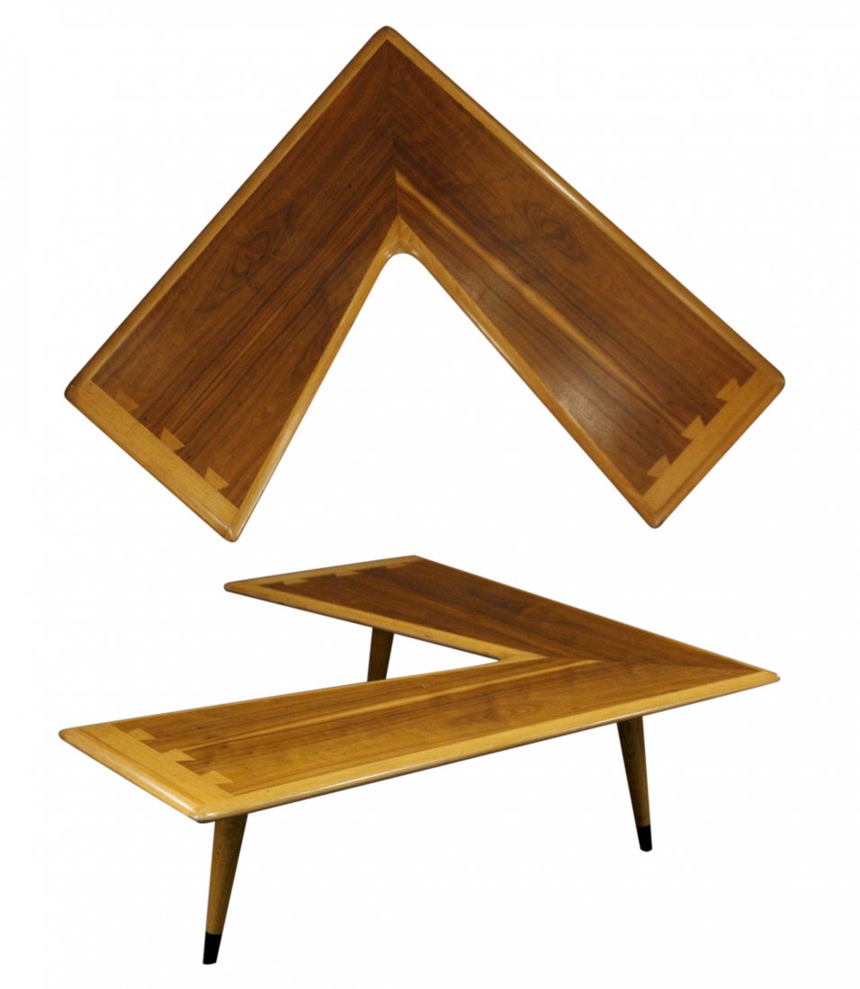 BEST MID CENTURY MODERN LANE BOOMERANG COFFEE TABLE: BEST MID CENTURY MODERN LANE BOOMERANG COFFEE TABLE. Super Clean , Great lines, 2-color woods, butterfly dovetailing, marked LANE on underside. Size: 14 h , 48 x 44