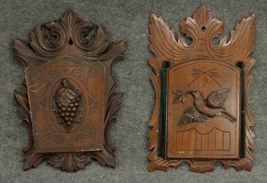TWO [2] VICTORIAN WALNUT CARVED WALL MOUNT HOLDERS: TWO [2] VICTORIAN WALNUT CARVED WALL MOUNT HOLDERS FOR MAGAZINES OR LETTERS. Size range in heights, 21 : 20