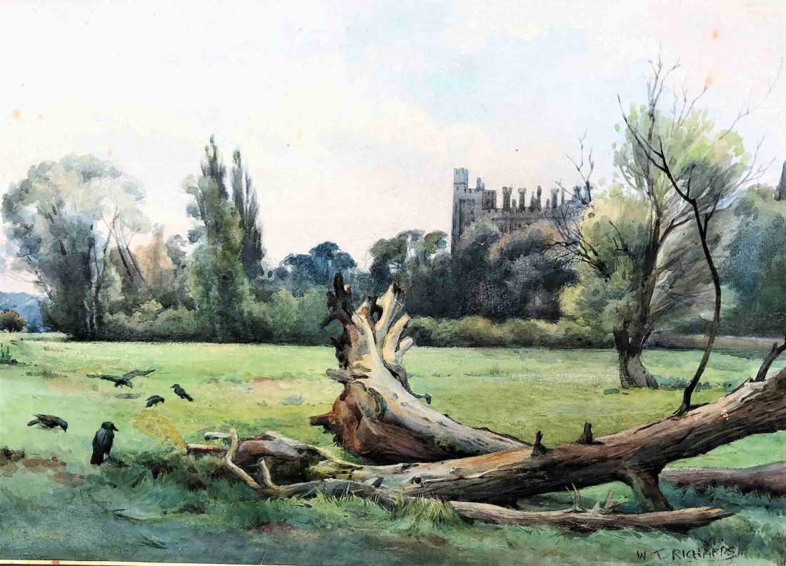 WILLIAM TROST RICHARDS 1833-1905 W/C LANDSCAPE, CASTLE: WILLIAM TROST RICHARDS 1833-1905 W/C LANDSCAPE with CASTLE in background. Well listed artist. Signed W. T. Richards. Watercolor painting, walnut frame, gold matting. Size: image 9.5 in. x 13.5 in.; ou