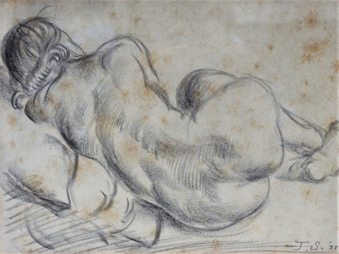JOHN SLOAN 1871-1951 Pencil Drawing SLEEPING NUDE 1938: JOHN SLOAN 1871-1951 Pencil Drawing SLEEPING NUDE 1938.Signed with initials J. S. '38 [1938]; pencil drawing, has foxing.Matted and framed. Provenance: James Julia Auction 2008. Size: image 7 in. x 9.