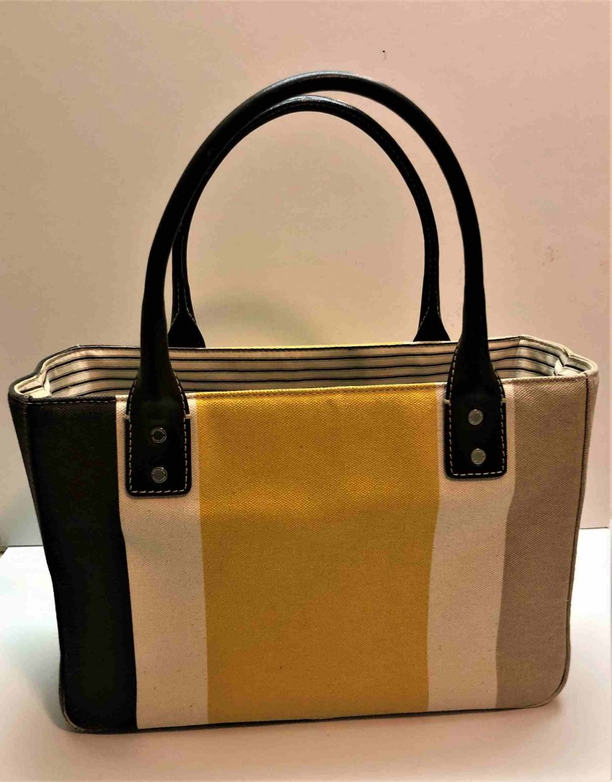 KATE SPADE NEW YORK HANDBAG Yellow White Brown Tan: KATE SPADE NEW YORK HANDBAG Yellow White Brown Tan.Very clean. Size: 13.5 in. height to handles, Bag: 8 in. heoght. 11 in. wide, 4.5 in. depth.