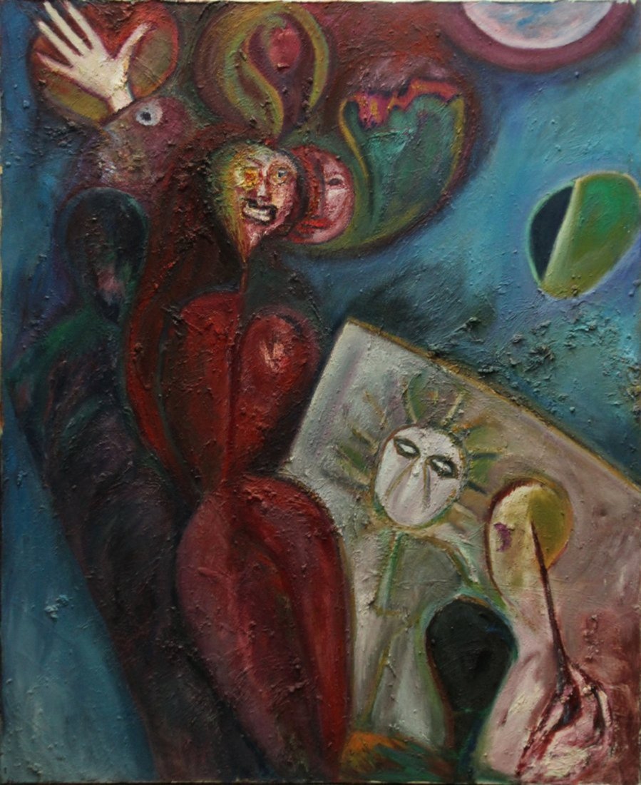 R MANN; Large Oil/c ABSTRACT SURREAL GROTESQUE FACES: R MANN; Large Oil/c ABSTRACT SURREAL GROTESQUE FACES.Signed and dated on back of canvas: R. MANN April '84. Size: 60 x 48
