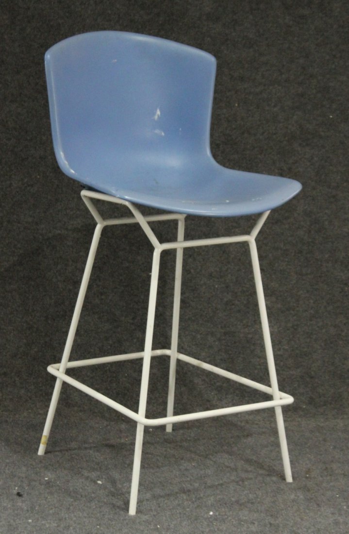 Knoll International Bertoia plastic bar stool: Knoll International Bertoia plastic bar stool with label on the under side and white painted metal with blue shell chair top. Size: 39 h , 28 seat h , 20.5 w
