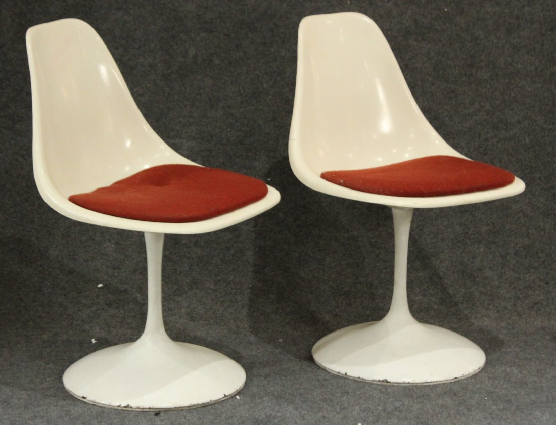 Knoll style tulip chairs with red ulphostery: Knoll style tulip chairs with red upholstery. Chaird could be Burke or knoll. no labels are found. Size: 31 h , 18w