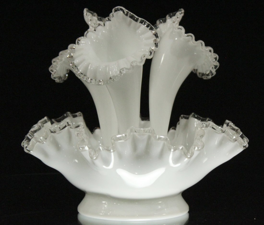 Fenton Glass Epergne: Fenton Glass Epergne in white and clear glass. 4 pieces. Size: 10 h , 11.5 w inches