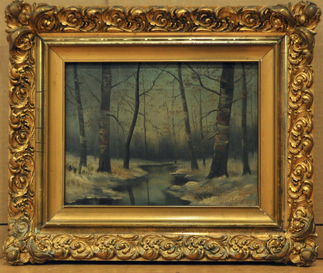 19th C. Oil on Canvas Winter Thaw Stream Landscape (1 of 3)