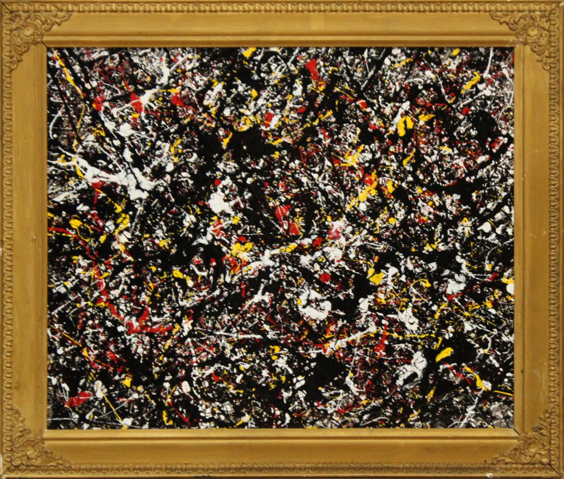 Jackson Pollock Style Mid-Century Drip Art Oil Painting: Jackson Pollock Style Mid-Century Drip Art Oil Painting. Oil on board painting, framed, unsigned. Size: 24 x 20 , outside of frame: 28 x 24