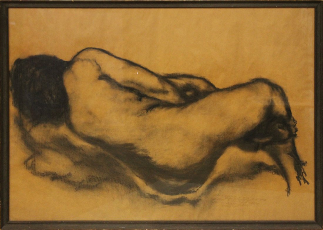Reclining Nude Female Large Charcoal Drawing Framed: Reclining Nude Female Large Charcoal Drawing Framed. Nice quality, unsigned, artist is unknown to us. Size: 36 x 49.5 inches