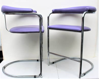 Anton Lorenz For Thonet Pair Tubular Chrome High Chairs: Anton Lorenz For Thonet Pair Tubular Chrome High Chairs for bar or counter. Lavender upholstered seats and back rests. Size: 25.5 in. height, 23 in. wide, 21 in. depth