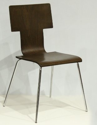 Italian Design Mid-Century Style Bent Wood Side Chair: Italian Design Mid-Century Style Bent Wood Side Chair. Mid-century style bent wood chair with tubular chrome legs and a dark wood finish. shape of back is T shaped with a curve for under the legs. Siz
