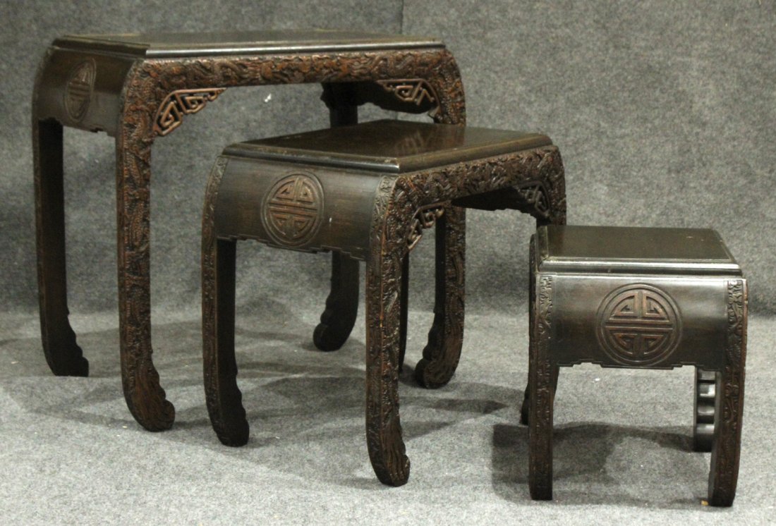 Carved Asian Oriental Nest of Tables: Carved Asian Oriental Nest of Tables. Size: 24 14 x 16, 18h 19x13, 14h 14x11 inches