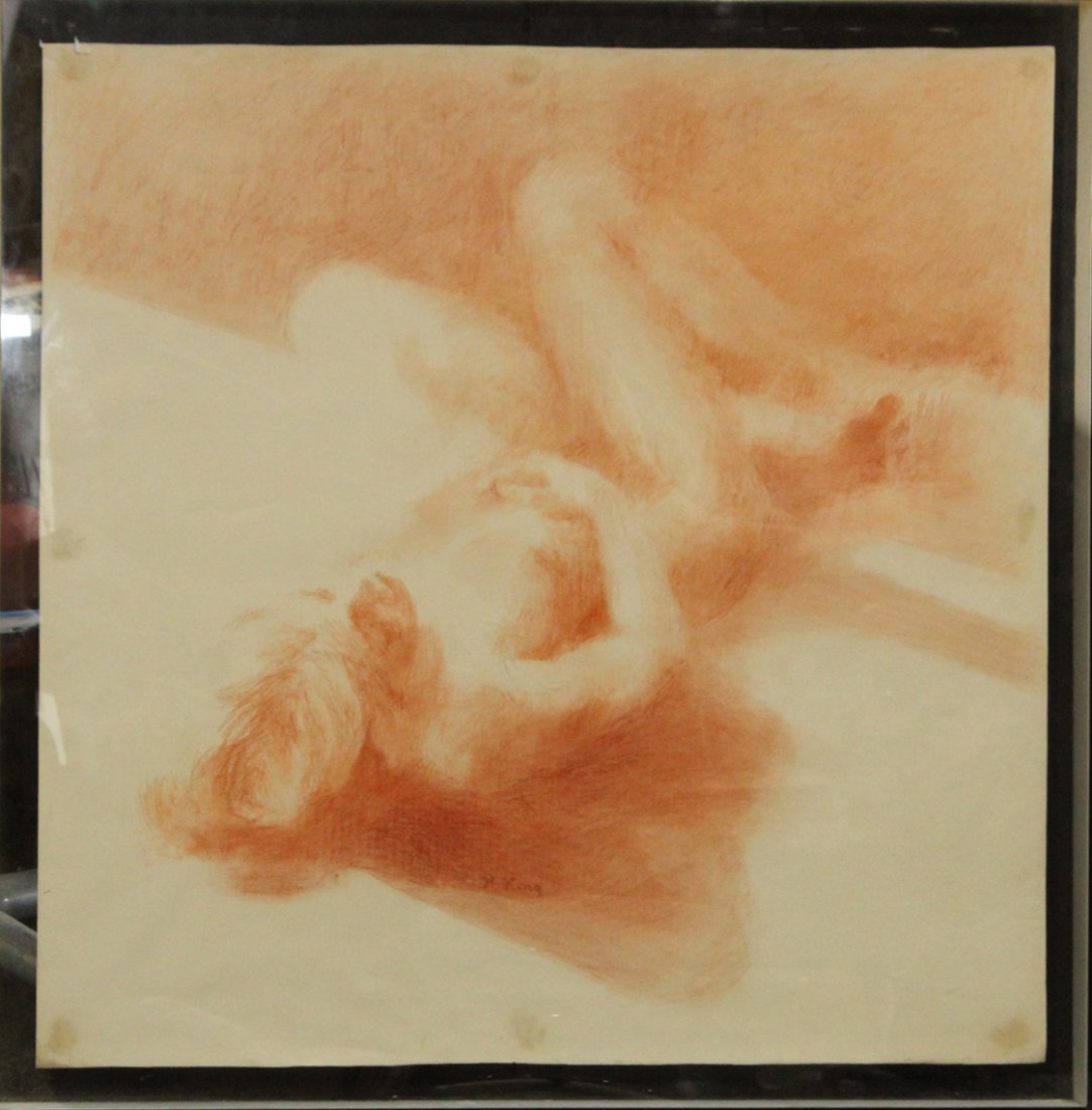H. King, Fine Graphite Drawing , Reclining Nude Woman: H. King, Fine Graphite Drawing , Reclining Nude Woman, mounted in a lucite shadow box frame. Size: 35 x 35, outside of frame edge: 38 x 38