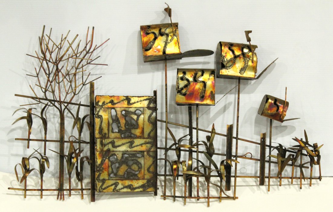 Mid-Century Metal Wall Sculpture, Mailboxes Gated Fence: Mid-Century Metal Wall Sculpture, Mailboxes Gated Fence. All original finish. Size: 21 h , 32 w
