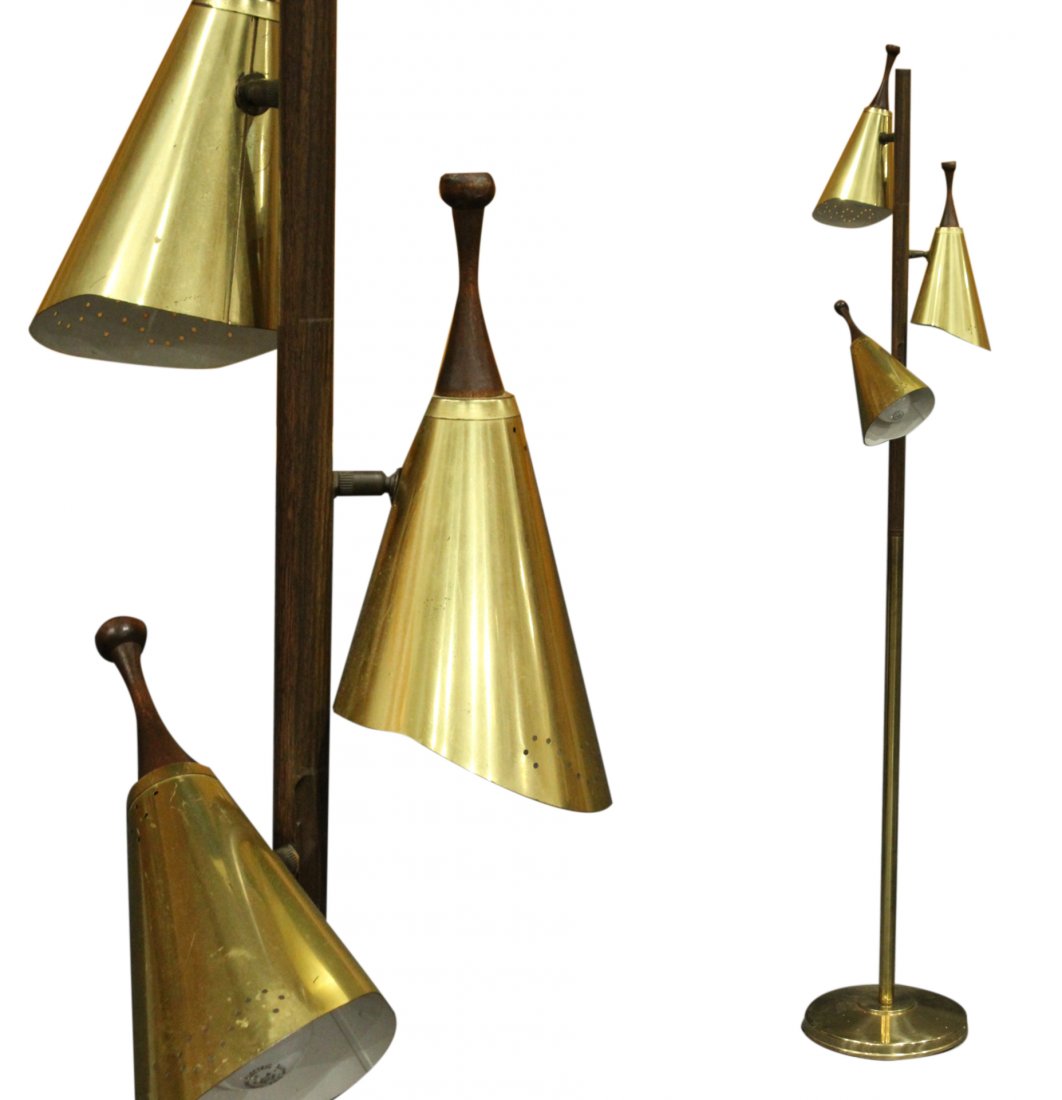 Mid-Century Modern Brass & Wood 3-Light Floor Lamp (1 of 6)