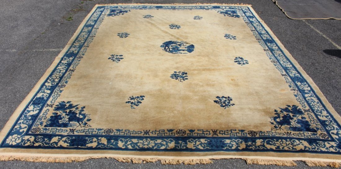 ANTIQUE CHINESE PEKING BLUE WHITE ORIENTAL RUG 8.10x11. (1 of 10)
