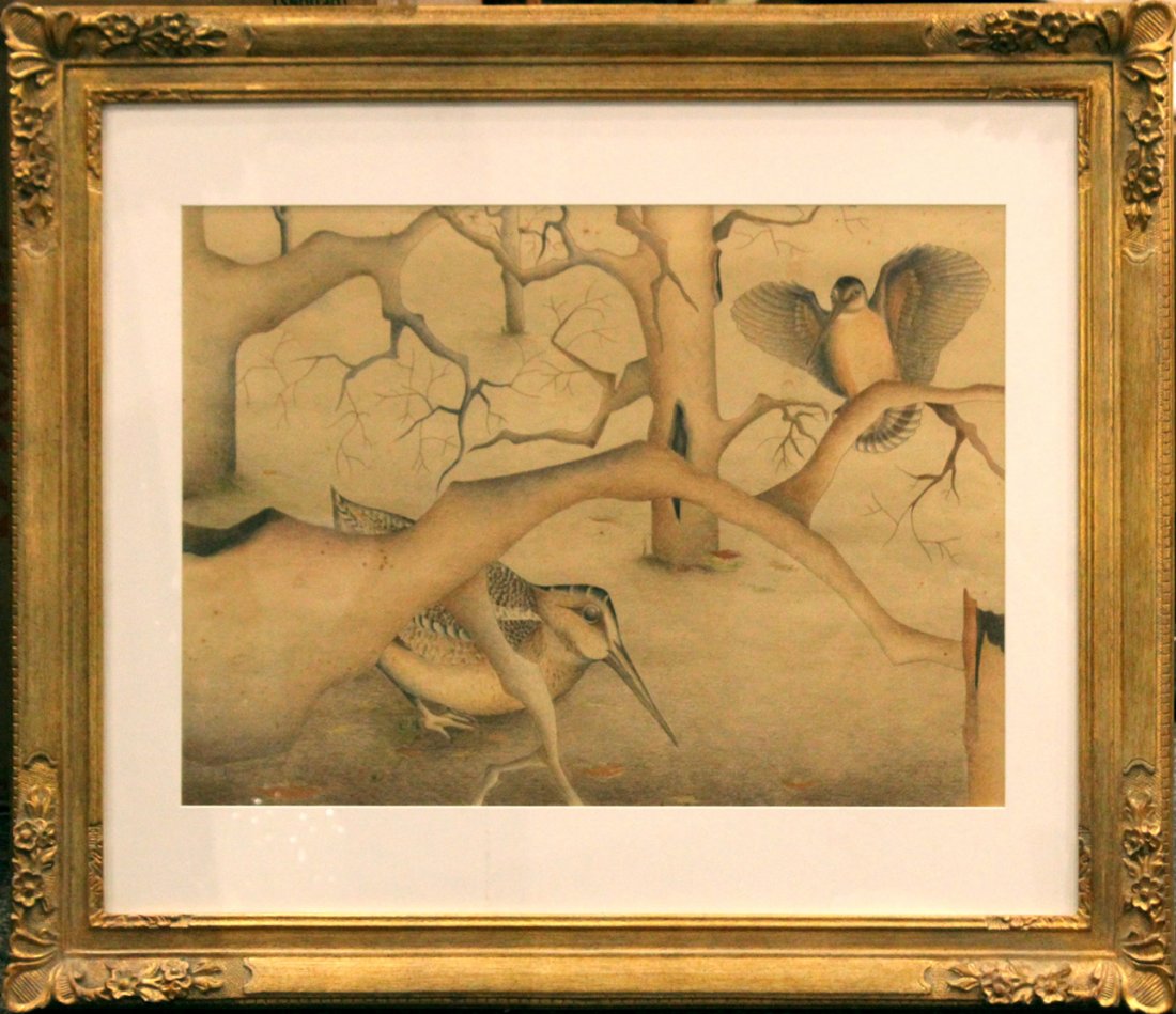 GRANT WOOD 1891-1942 Iowa, BIRD, FOWL AMONGST BRANCHES (1 of 7)
