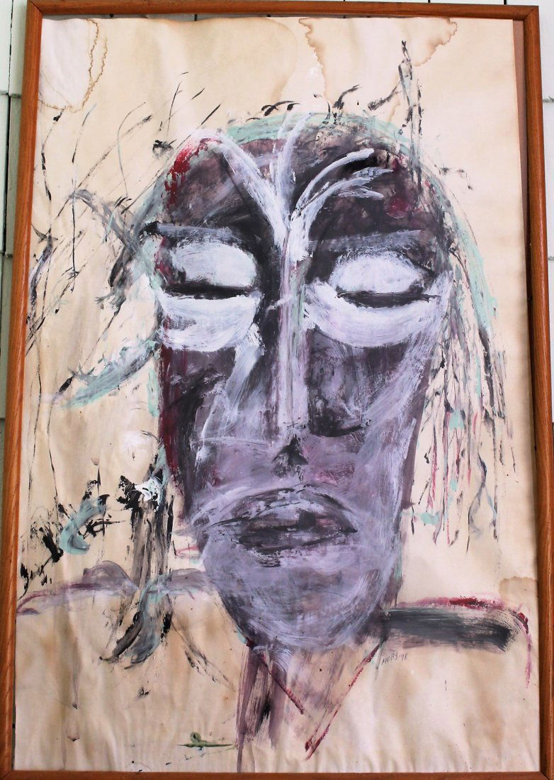 Expressionism Face Oil Painting on Paper, Signed: Expressionism Face Oil Painting on Paper, Signed MOBY '98; Size: 34 in. x 26 in.