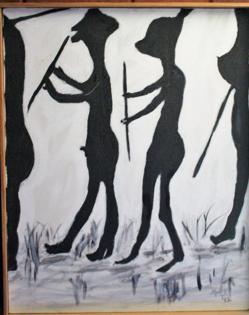 Black & White Marching Figures Oil on Canvas Painting: Black & White Marching Figures Oil on Canvas Painting, Signed MOBY '92; Size: 20 in. x 16 in.