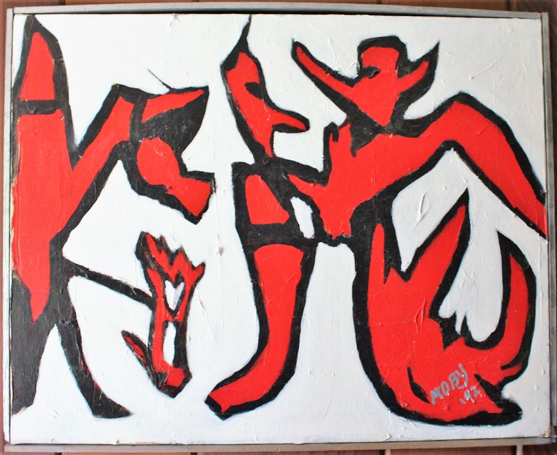 Red & Black Abstract Figures Oil on Canvas Painting (1 of 2)