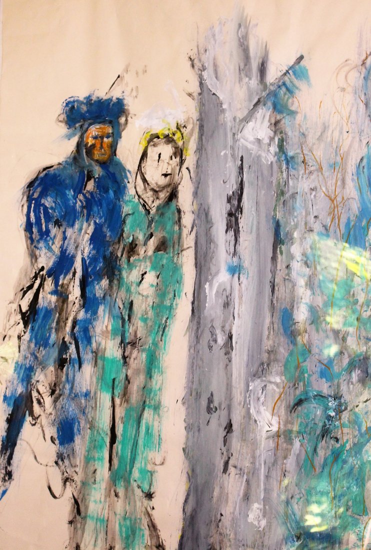 Two Figures In Abstract Watercolor Signed: Two Figures In Abstract Watercolor Signed MOBY '98. Size: 36 in. x 24 in.