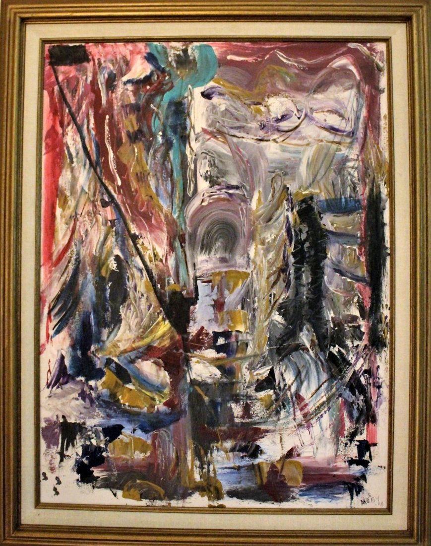 Abstract Oil Painting On Canvas Signed: Abstract Oil Painting On Canvas Signed MOBY '98. Size 24 in. x 18 in.