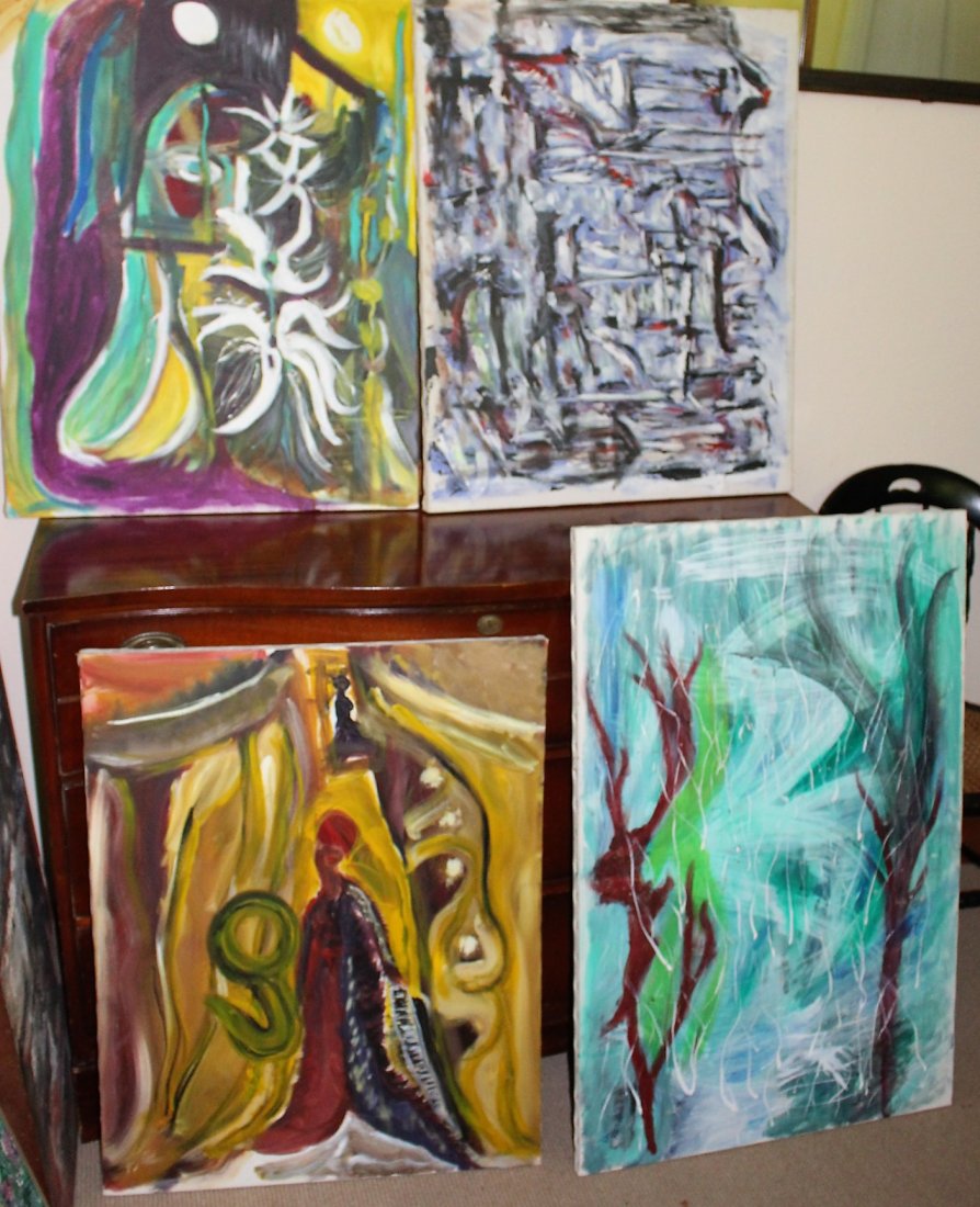 Group 4 Assorted Abstract Oil Paintings Unframed: Group 4 Assorted Abstract Oil Paintings Unframed. Artist: MOBY. Sizes: 24 in. x 30 in.; 24 in. x 36 in.