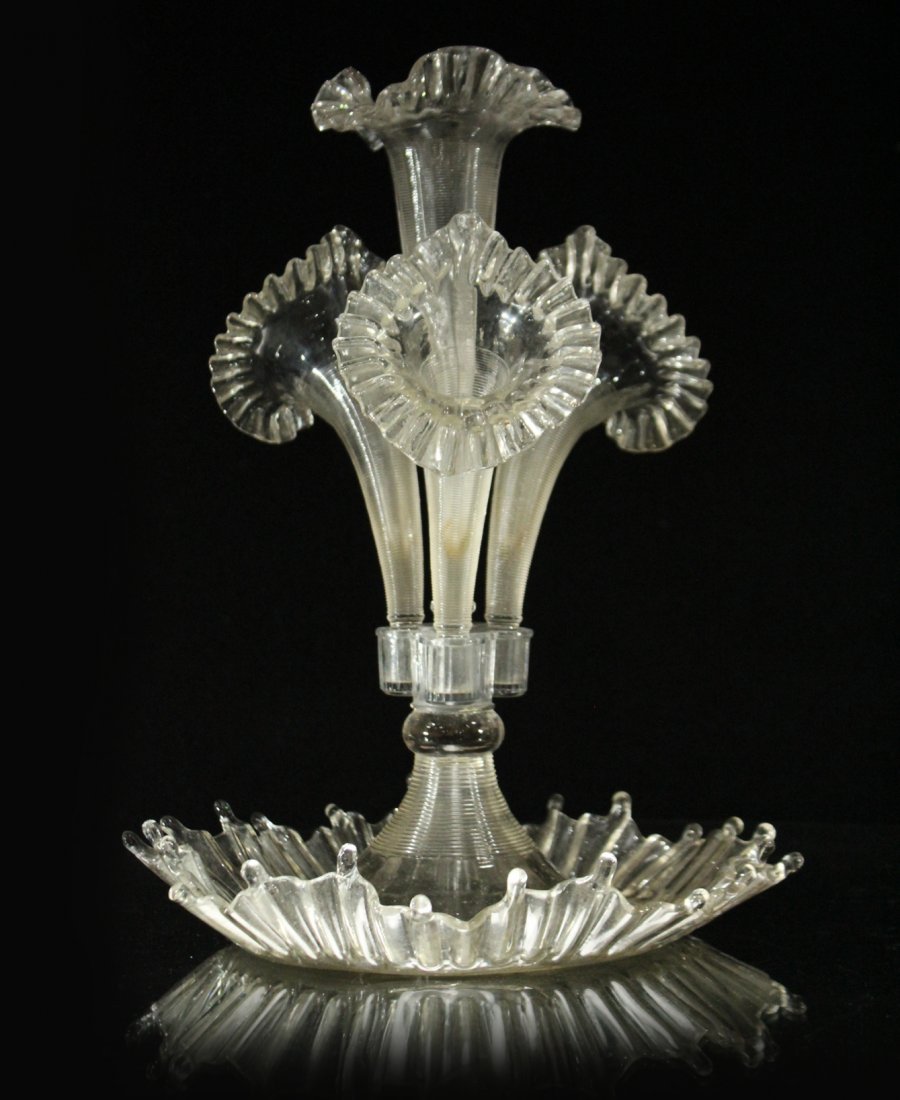 Victorian Glass Epergne - flaw in base: Victorian Glass Epergne - flaw in base. Size: 16 h , 12 w