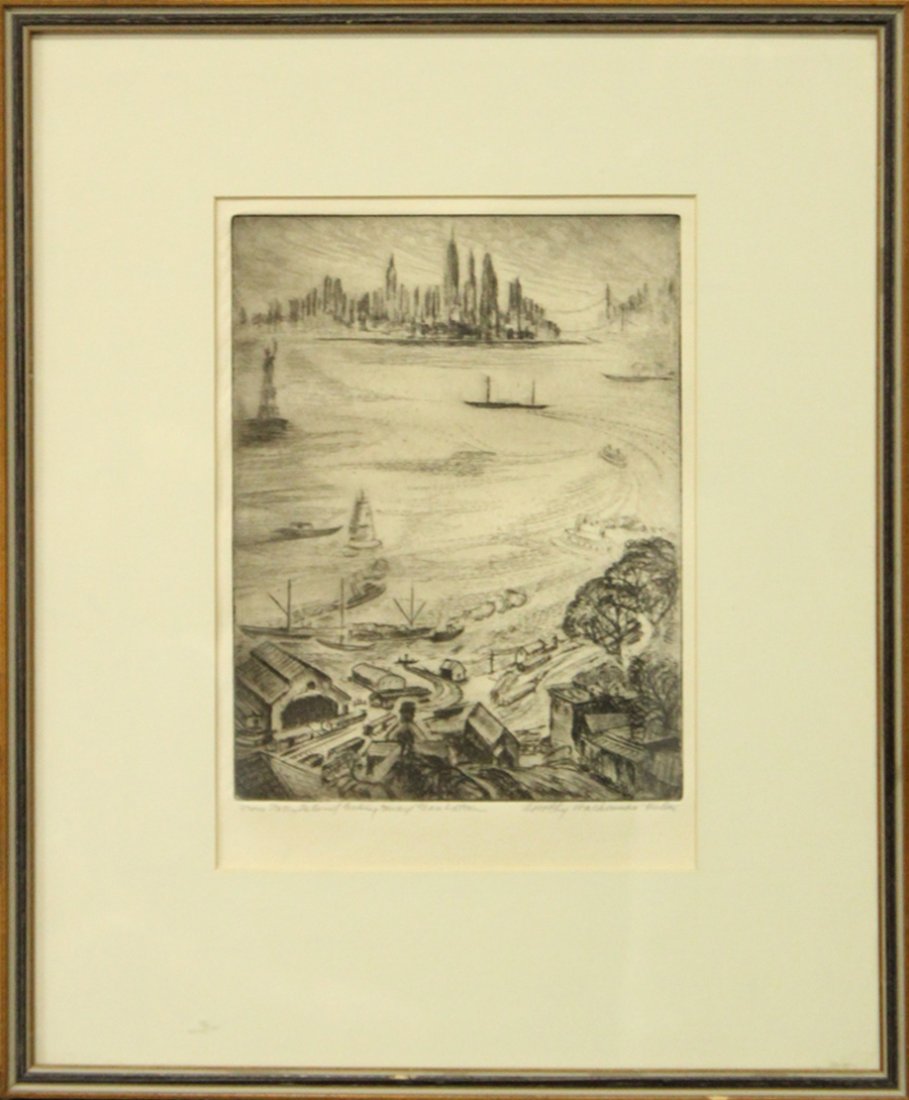 DOROTHY WACKERMAN HUTTON Etching New York Harbor Signed (1 of 5)