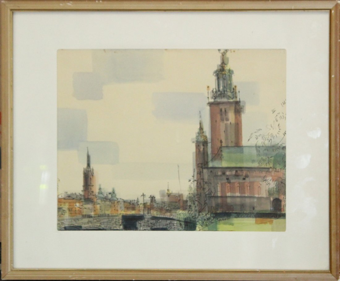 SUMNER MILLER, W/C & Ink Mid-Century View Of Praque (1 of 5)