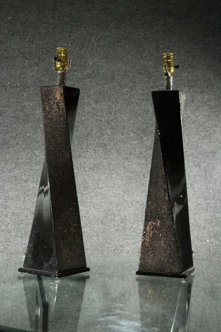 Pair Mid-Century Ceramic Twist Lamps Black Gold Flecks (1 of 5)
