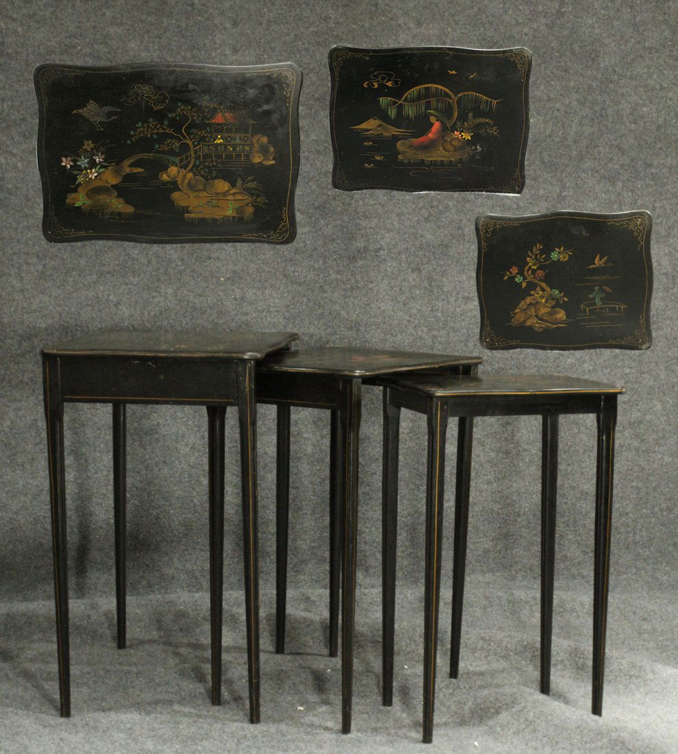 Nest of 3 Vintage Japanese Black Lacquer Tables (1 of 2)