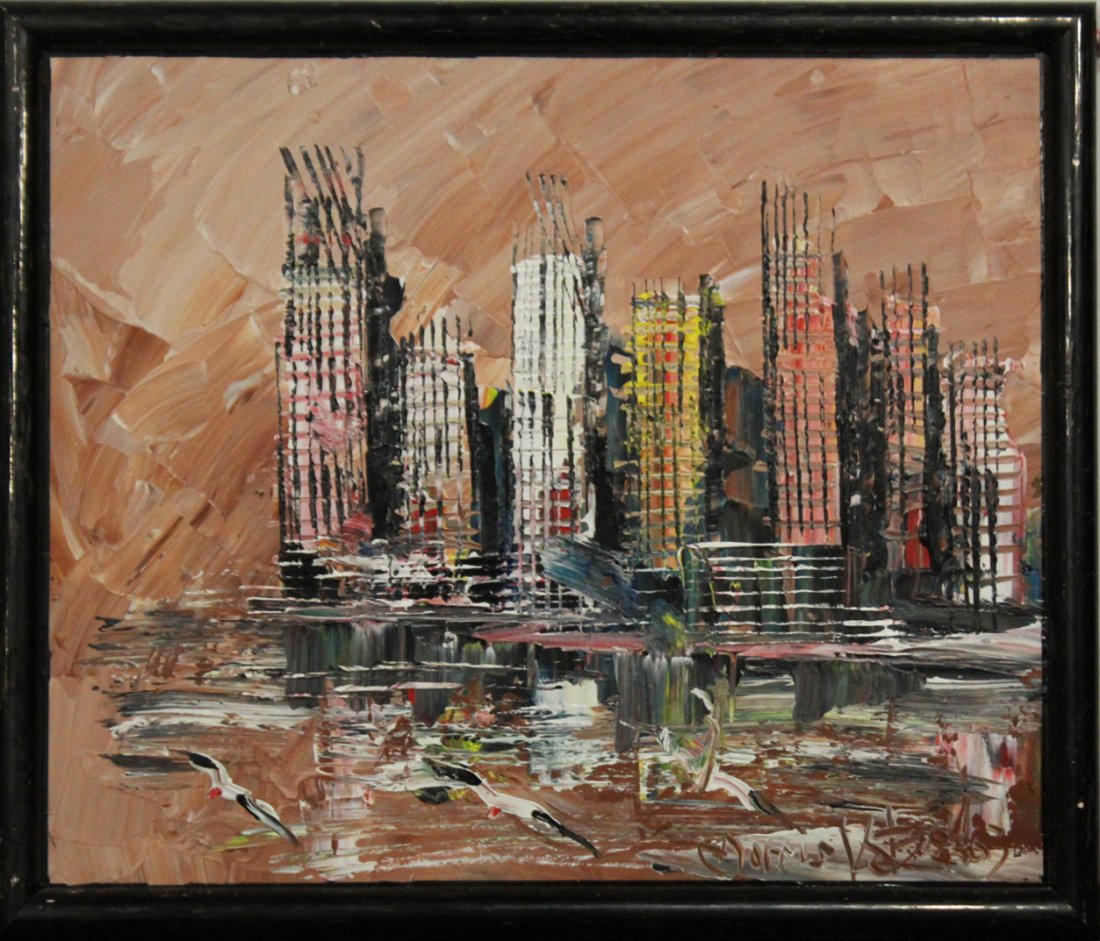 MORRIS KATZ 2003 Listed Jewish American NYC SKYLINE: MORRIS KATZ 2003 Listed Jewish American NYC SKYLINE , acrylic on board painting., signed and dated, artist info on back. Size: 20 x 24 , outside of frame 22 x 26 inches Descriptive search tags: City, 