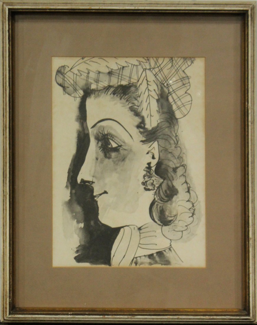 PABLO PICASSO Estampe Portrait Of Woman w/ Authenticity: PABLO PICASSO Estampe Portrait Of Woman w/ Authenticity certificate on verso. Size: 22 x 18 , outside of frame