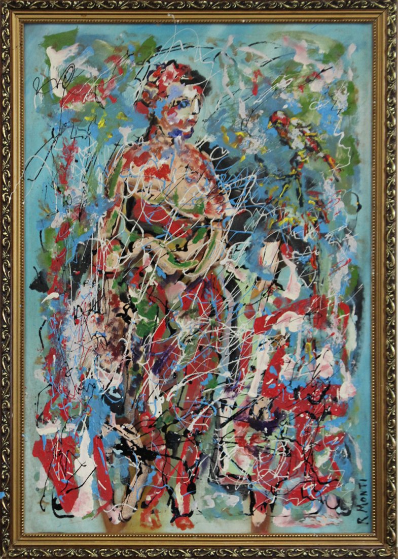 R MONTI, Oil/C Woman, Child, Bird in Abstract (1 of 3)