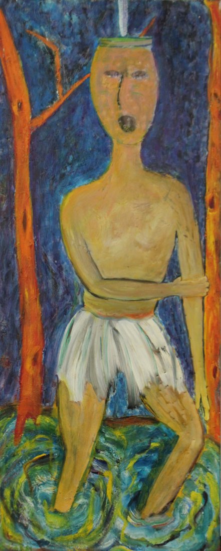 Oil on Metal Polynesian Figure Standing in Quick Sand (1 of 4)