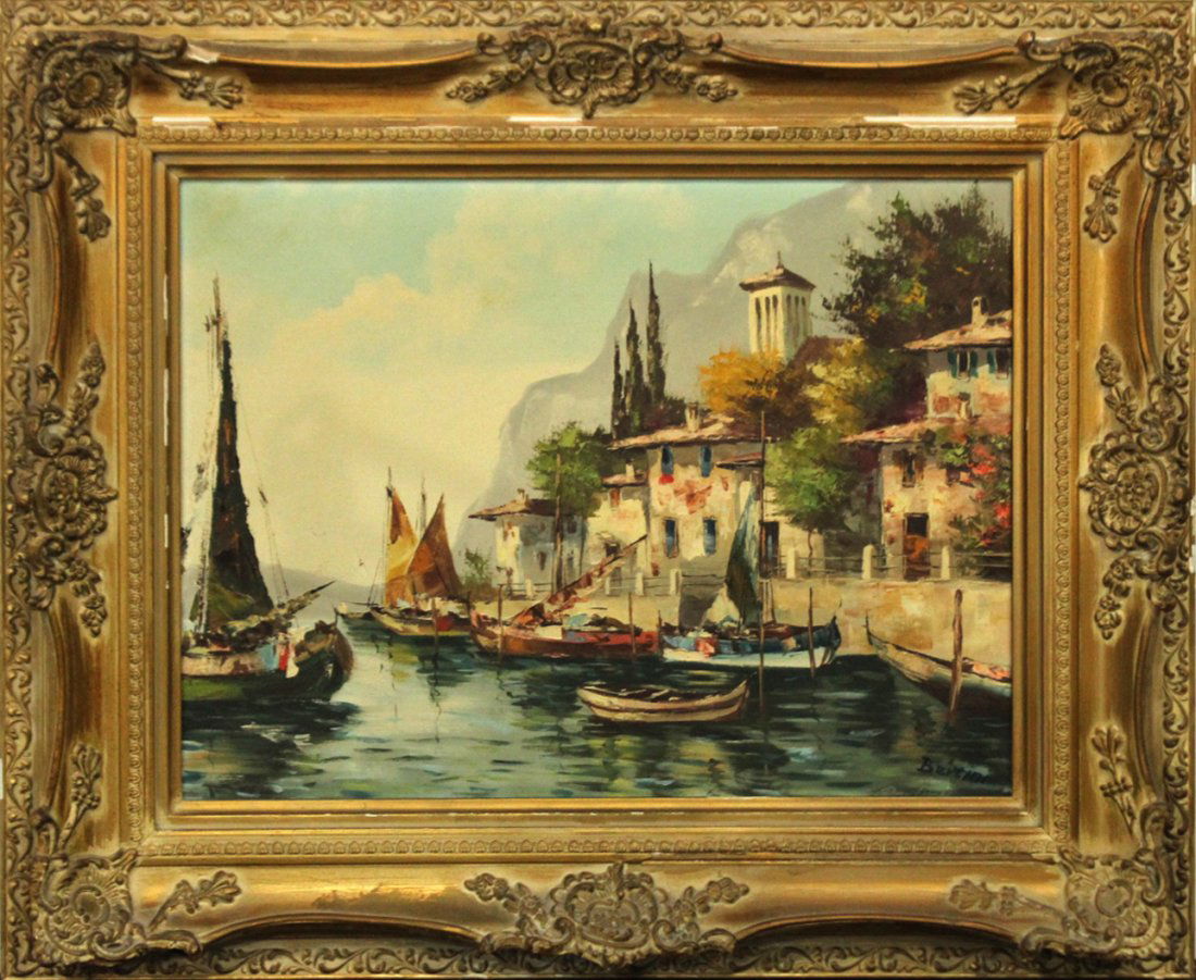 BERTINI, Italian Artist Oil/C VENETIAN SCENE WITH BOATS (1 of 3)