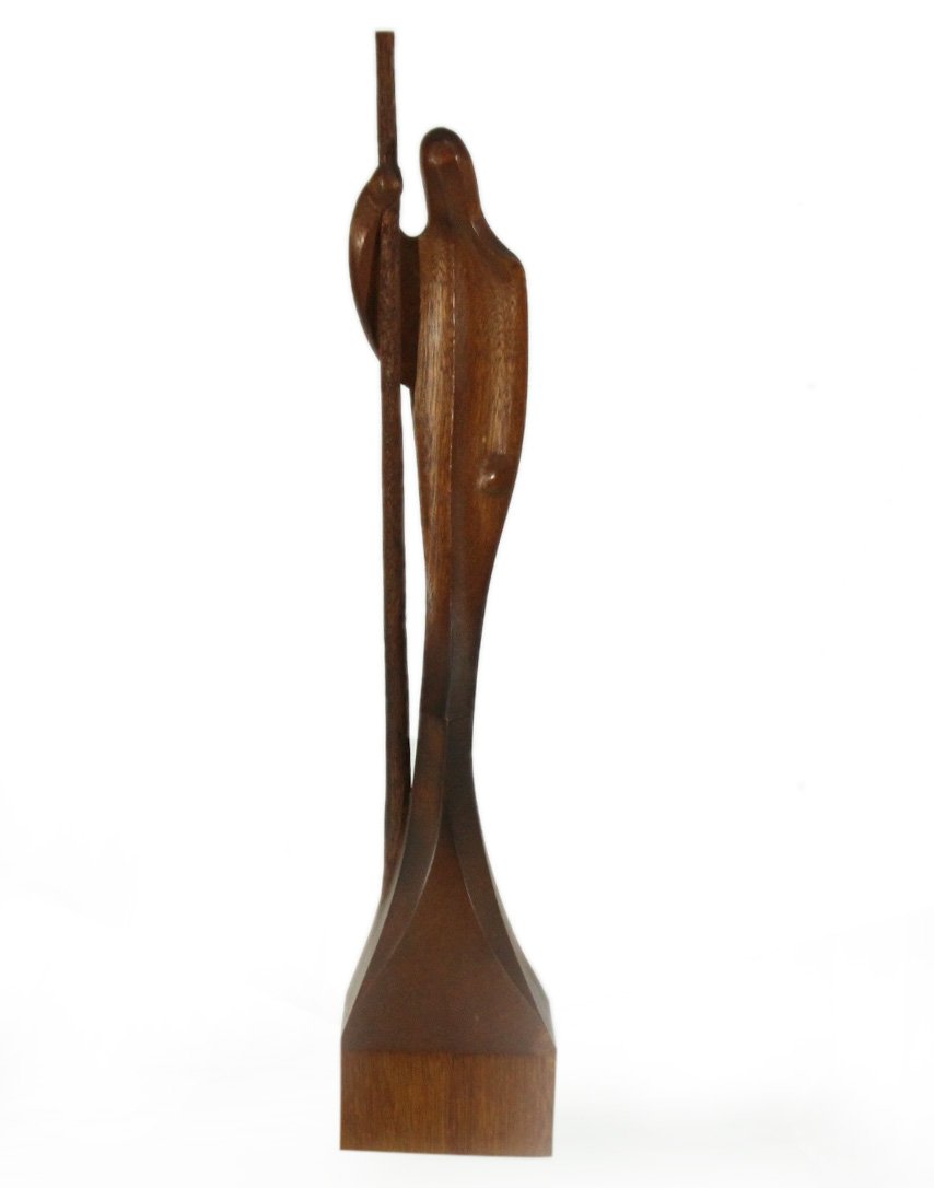 TEAK WOOD SCULPTURE Mid-Century Figure Holding Shaft (1 of 6)
