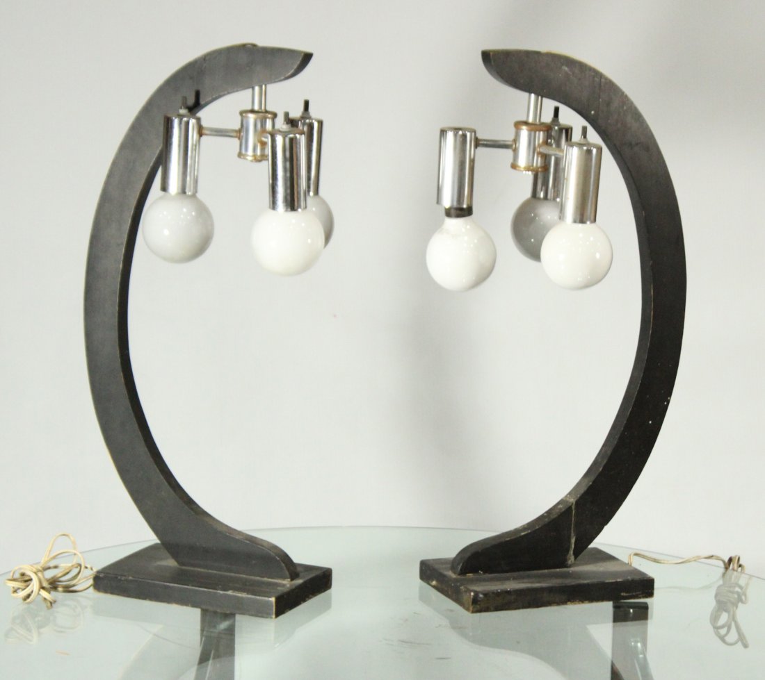 Pair Mid-Century Modern 3-Light Chrome & Wood Lamps (1 of 3)