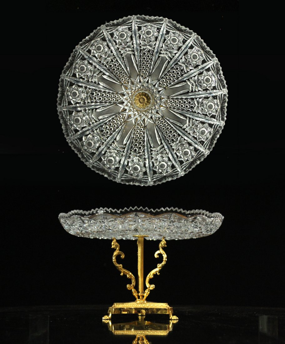 Exquisite CUT GLASS CAKE DISH Mounted on Bronze Base: Exquisite CUT GLASS CAKE DISH Mounted on Bronze Base. Size: 7 h , 11.5 d
